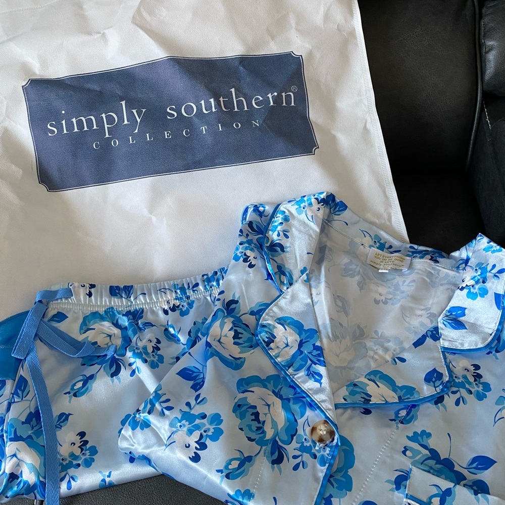 Simply Southern Light Blue & Royal Blue Floral Satin Pajama Set
